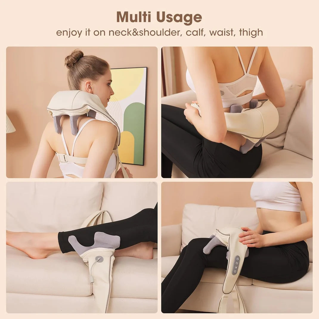 Amiriva Wireless Neck and Shoulder Massager with Heat Function, designed for relaxation and comfort, showing the ergonomic massager draped around a person's neck and shoulders.