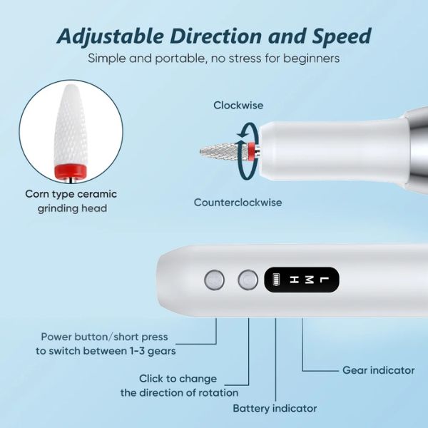 Amiriva Nail Polisher – portable electric manicure drill with 3-speed settings, LED indicator, Type-C charging base, and 500mAh battery for salon-quality nail care