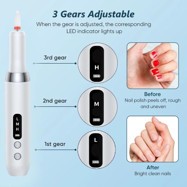 Amiriva Nail Polisher – portable electric manicure drill with 3-speed settings, LED indicator, Type-C charging base, and 500mAh battery for salon-quality nail care