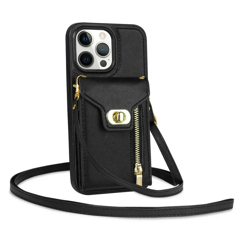 Amiriva leather wallet zipper case with lanyard for iPhone 16