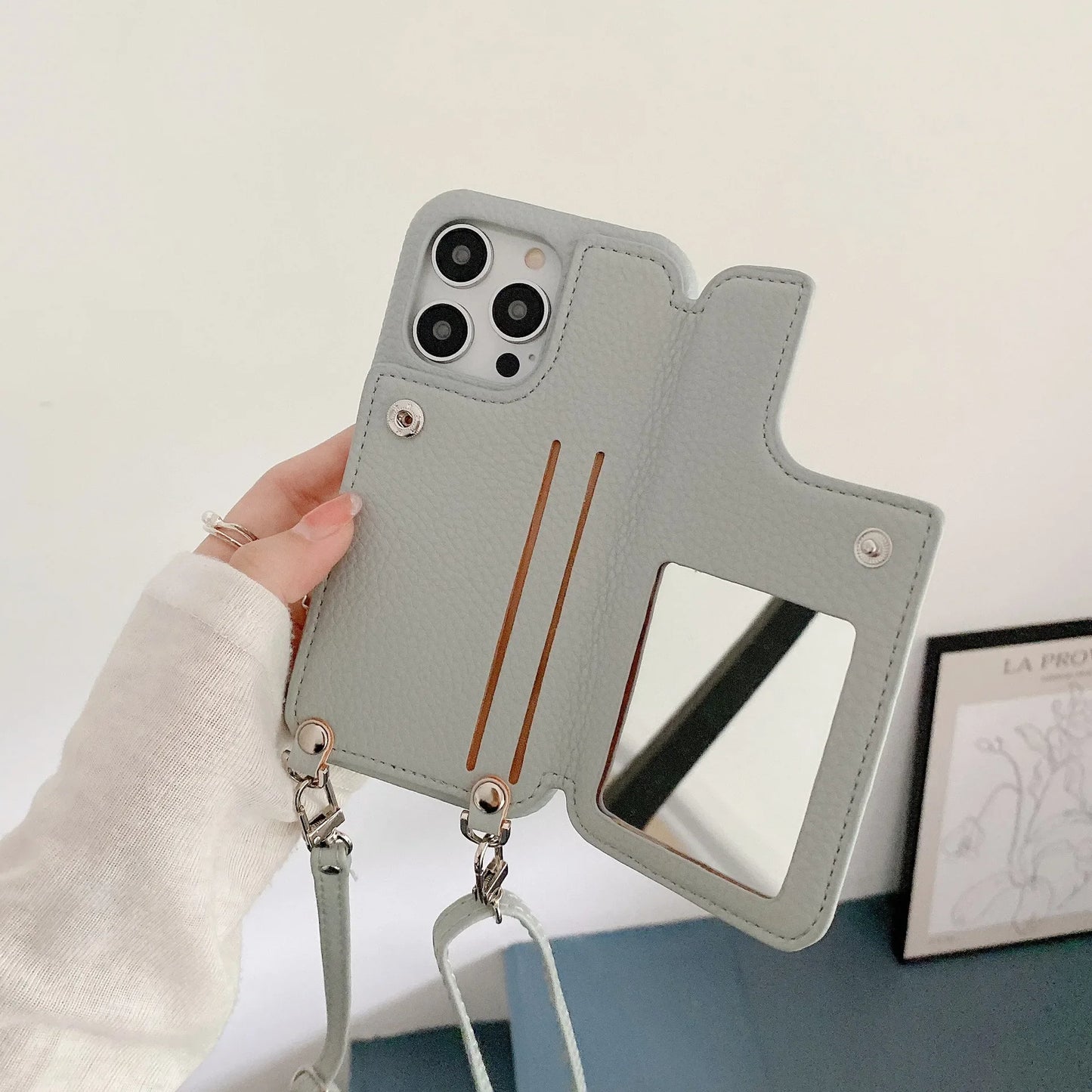 Zipper wallet crossbody iPhone case with mirror and card slots