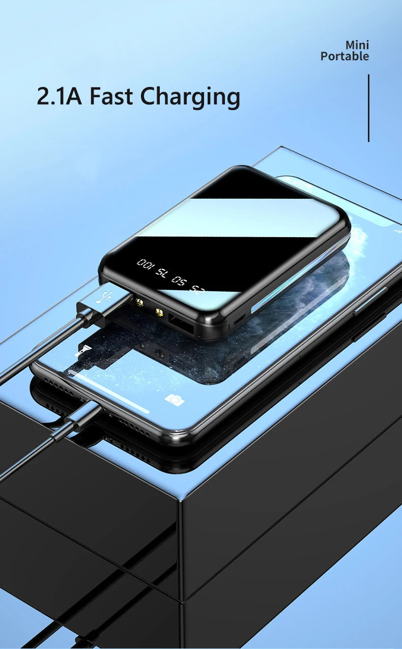 Amiriva Mini 20,000mAh Mirror Screen Power Bank – LED Display & Built-in Cables (AR1008)