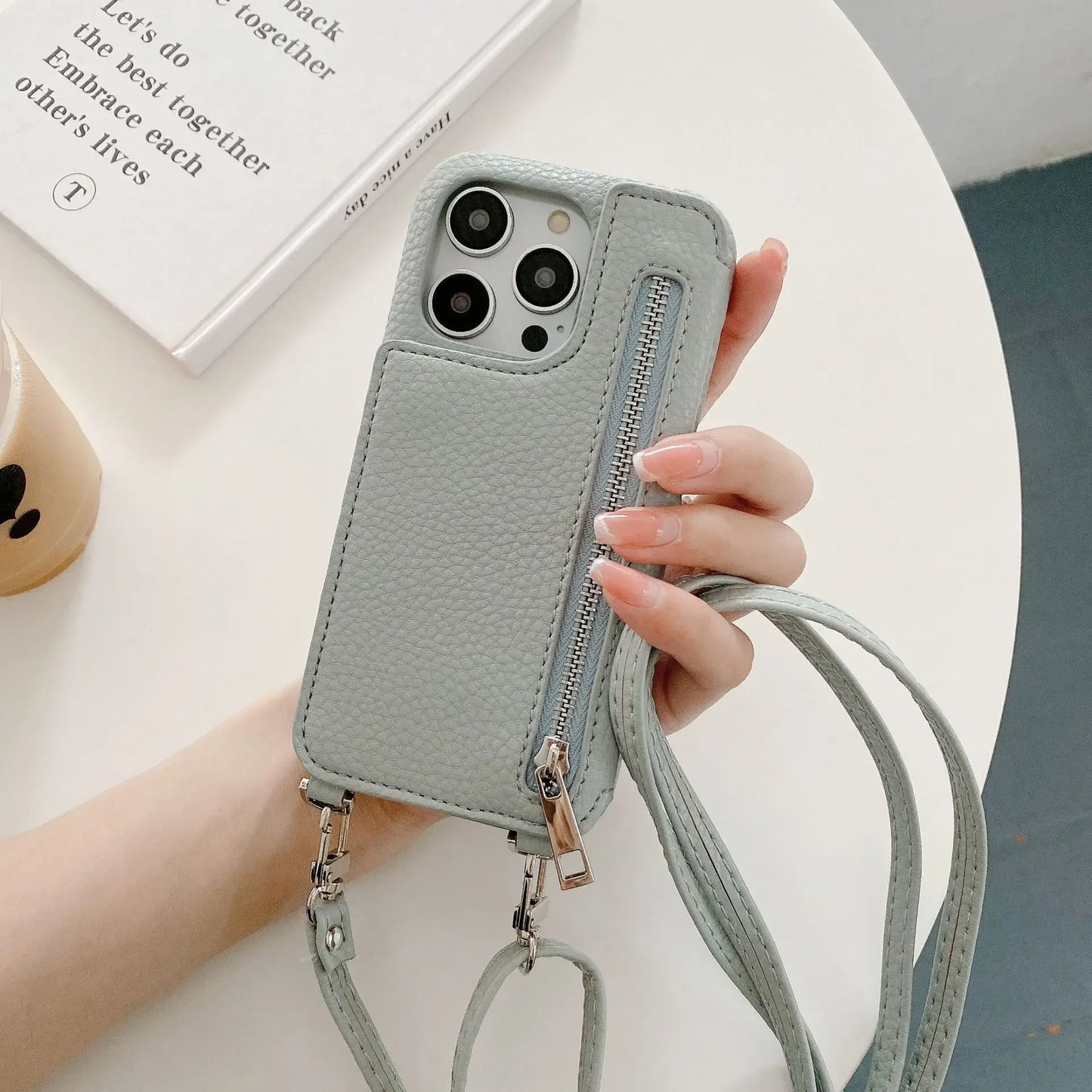 Zipper wallet crossbody iPhone case with mirror and card slots