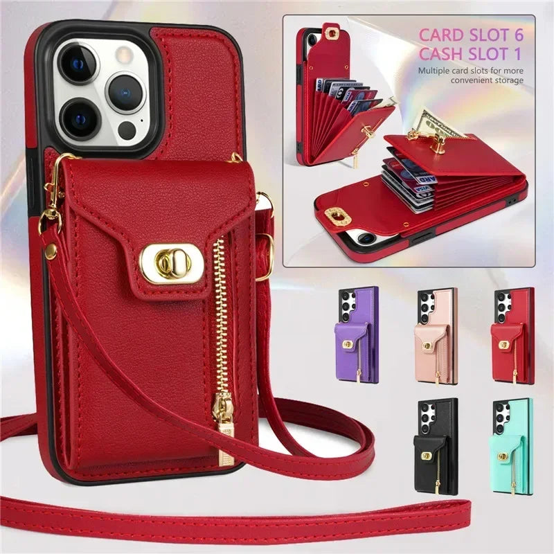 Amiriva leather wallet zipper case with lanyard for iPhone