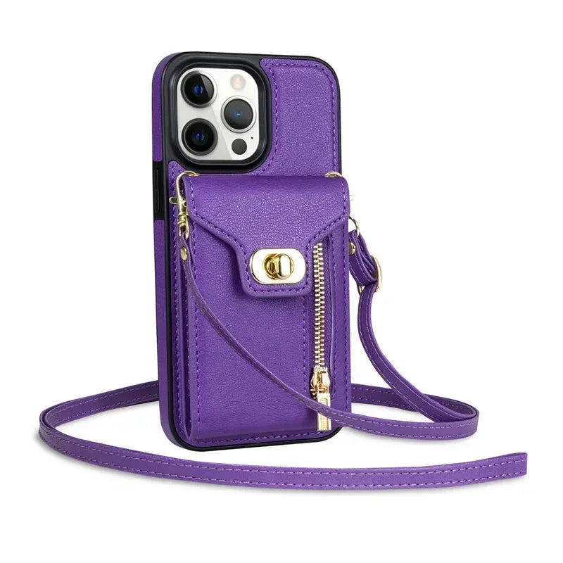 Amiriva leather wallet zipper case with lanyard for iPhone 16