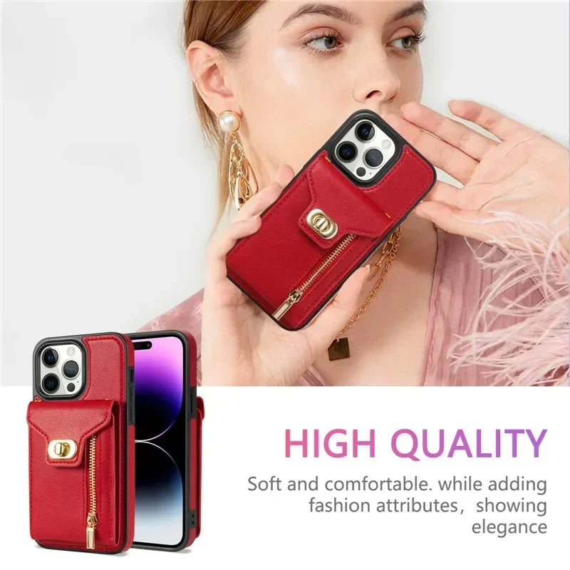 Amiriva leather wallet zipper case with lanyard for iPhone