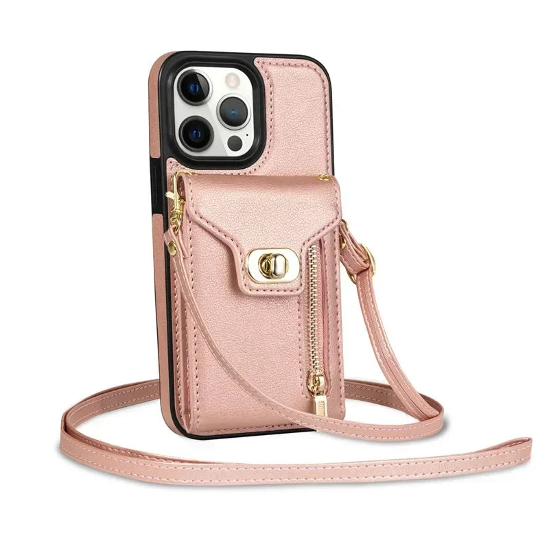Amiriva leather wallet zipper case with lanyard for iPhone 16