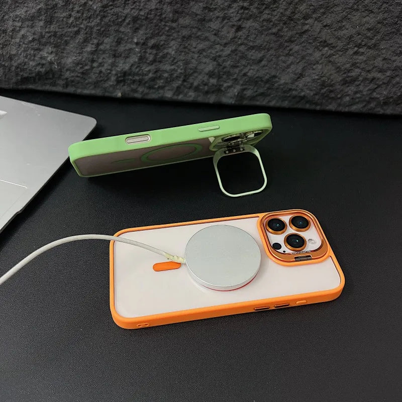 Sleek transparent iPhone case with built-in stand and lens guard – Shockproof and wireless charging ready