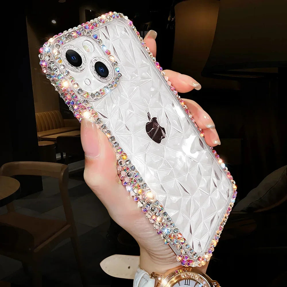 Luxury Diamond Glitter iPhone Case KR1008 – Transparent Water Ripple Bling Shockproof Soft TPU Cover for iPhone 7 to 16 Pro Max and Plus Models