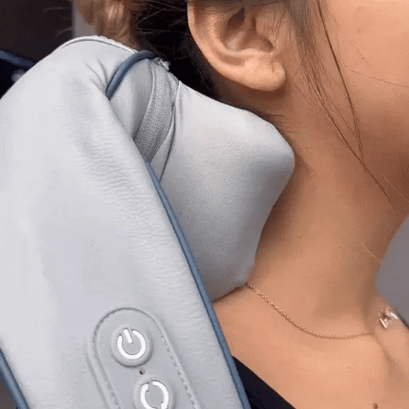 Amiriva Wireless Neck and Shoulder Massager with Heat Function, designed for relaxation and comfort, showing the ergonomic massager draped around a person's neck and shoulders.