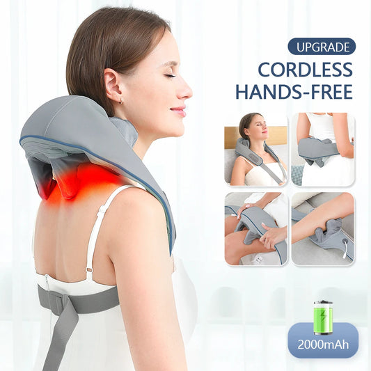 Amiriva Wireless Neck and Shoulder Massager with Heat Function, designed for relaxation and comfort, showing the ergonomic massager draped around a person's neck and shoulders.