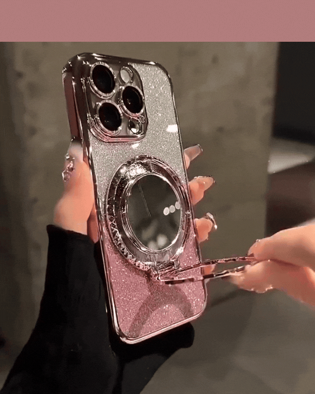 Mirror Magnetic Stand iPhone Case – Luxury Diamond Glitter MagSafe Cover, Fits All iPhone Models, Pro & Max