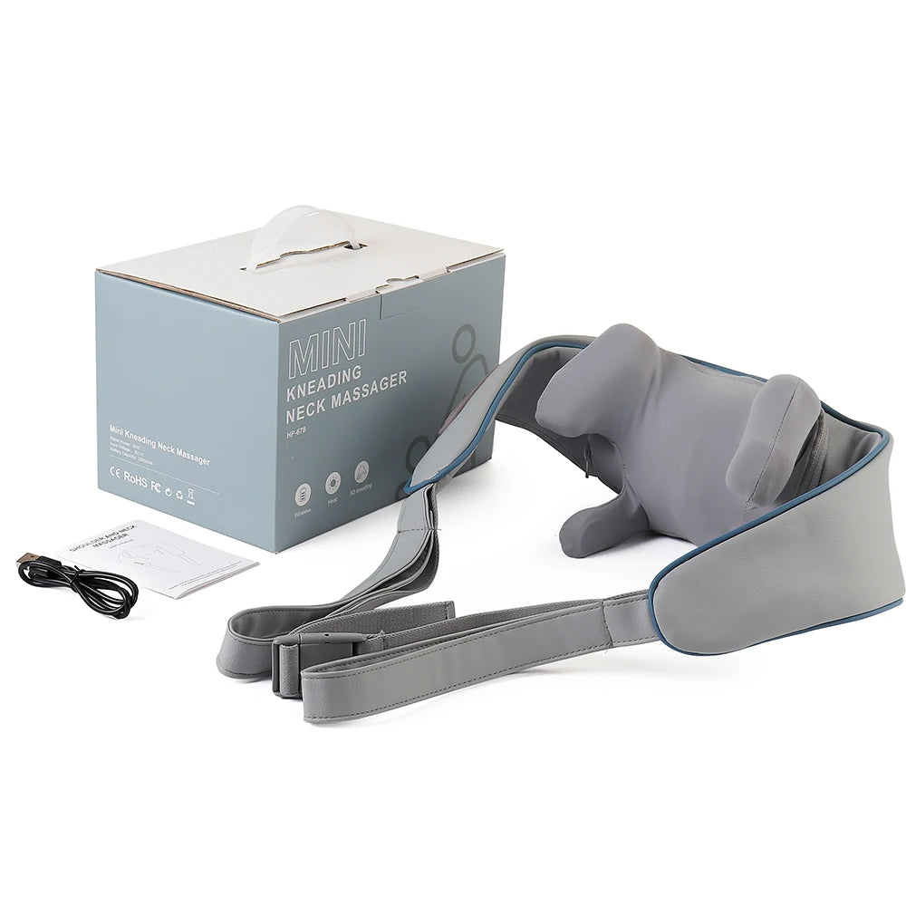 Amiriva Wireless Neck and Shoulder Massager with Heat Function, designed for relaxation and comfort, showing the ergonomic massager draped around a person's neck and shoulders.