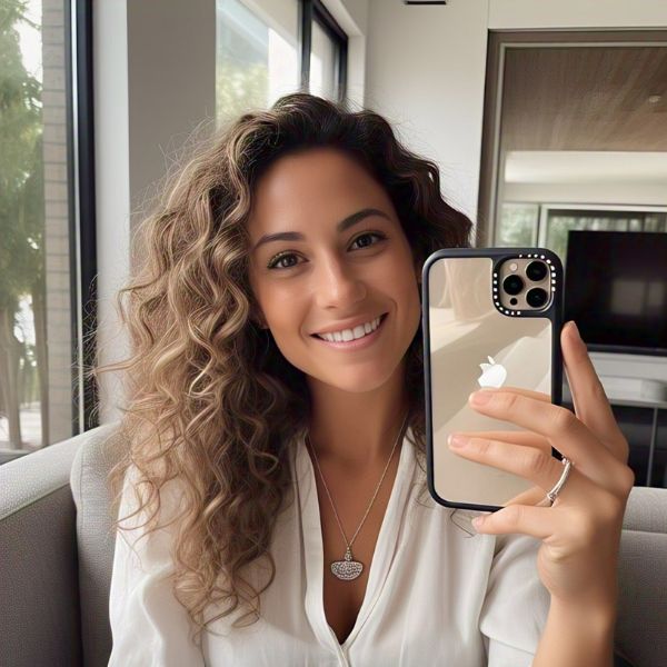 Happy customers reviewing Amiriva iPhone case with photos, five-star ratings, and testimonials highlighting sparkle, style, and durability.