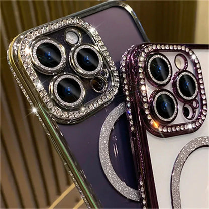 Back of iPhone with glitter case showing camera lens protection and MagSafe ring amiriva