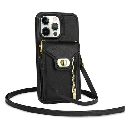 Amiriva leather wallet zipper case with lanyard for iPhone 16