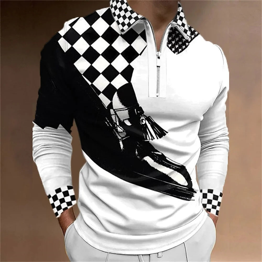 Amiriva Men’s Polo Shirt Golf Shirt with Plaid 3D Print, Long Sleeves, and Zipper Design – Sports Fashion Streetwear