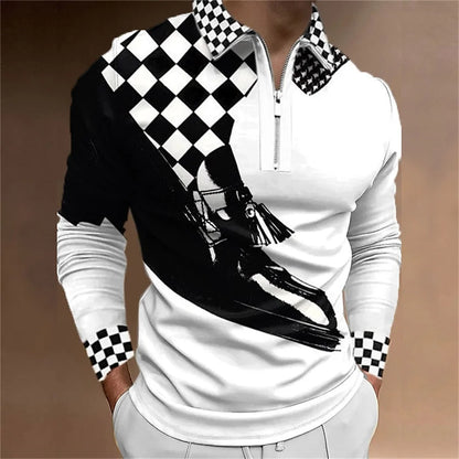 Amiriva Men’s Polo Shirt Golf Shirt with Plaid 3D Print, Long Sleeves, and Zipper Design – Sports Fashion Streetwear