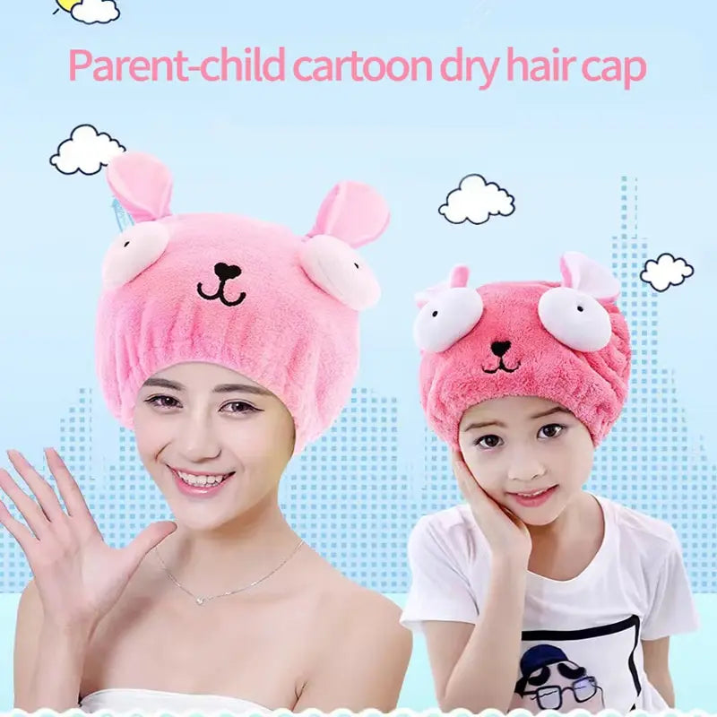 Amiriva Quick-Dry Hair Cap – Cute Cartoon Coral Velvet Towel Wrap for Women and Children