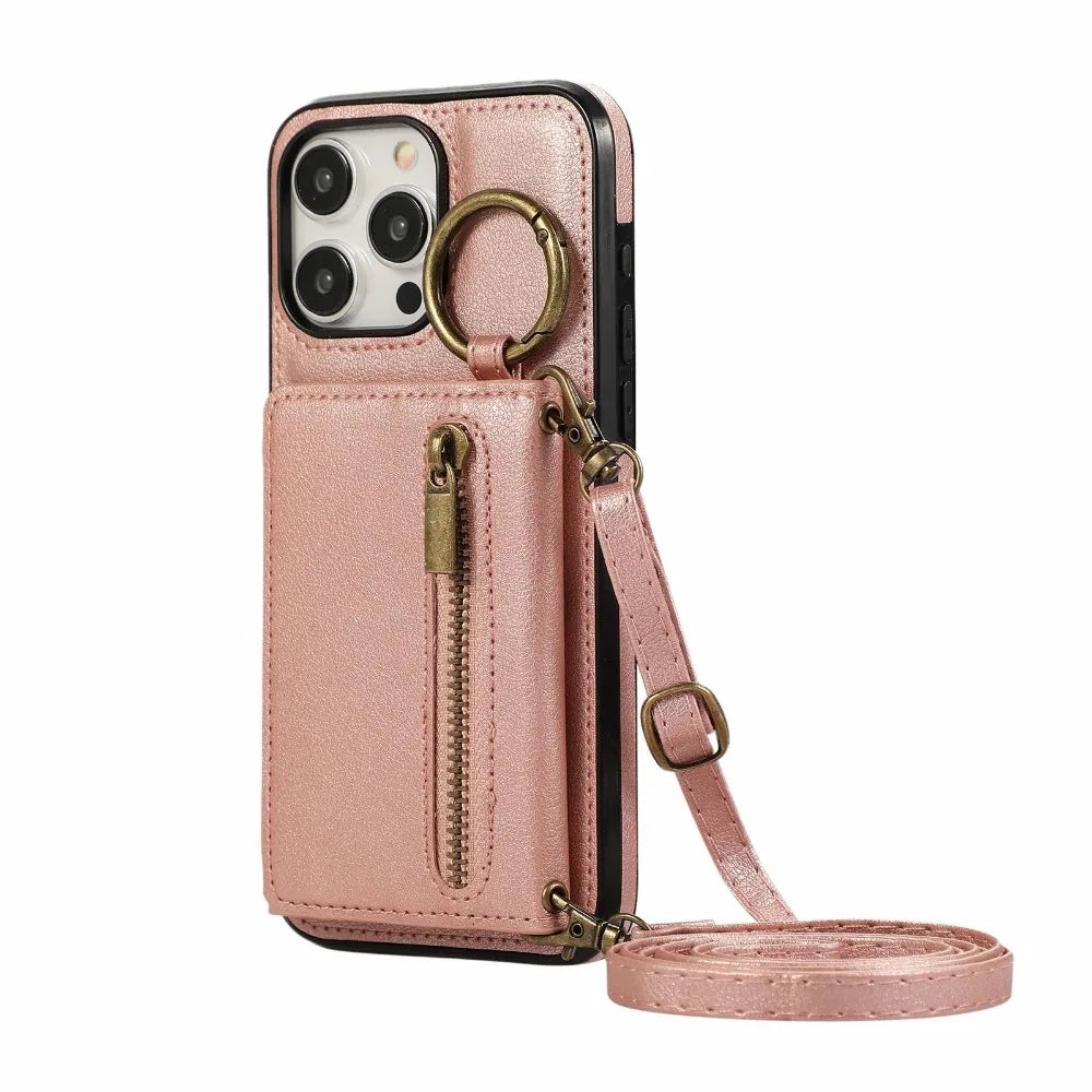 iPhone leather wallet case with built-in stand ring