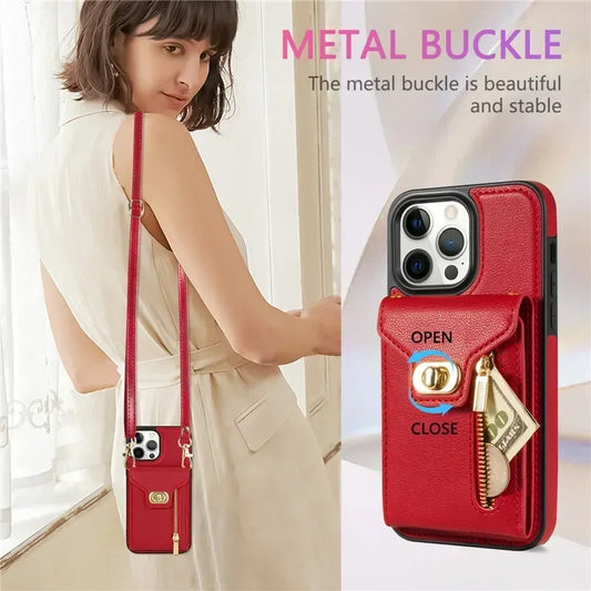 Amiriva leather wallet zipper case with lanyard for iPhone
