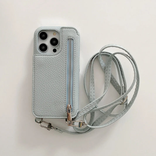 Zipper wallet crossbody iPhone case with mirror and card slots