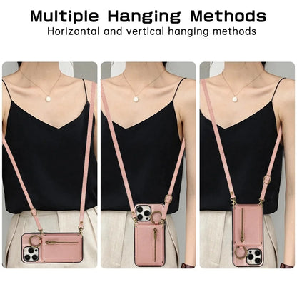 Zipper card holder leather phone case with ring and lanyard