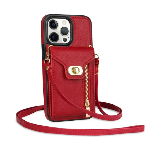 Amiriva leather wallet zipper case with lanyard for iPhone 16