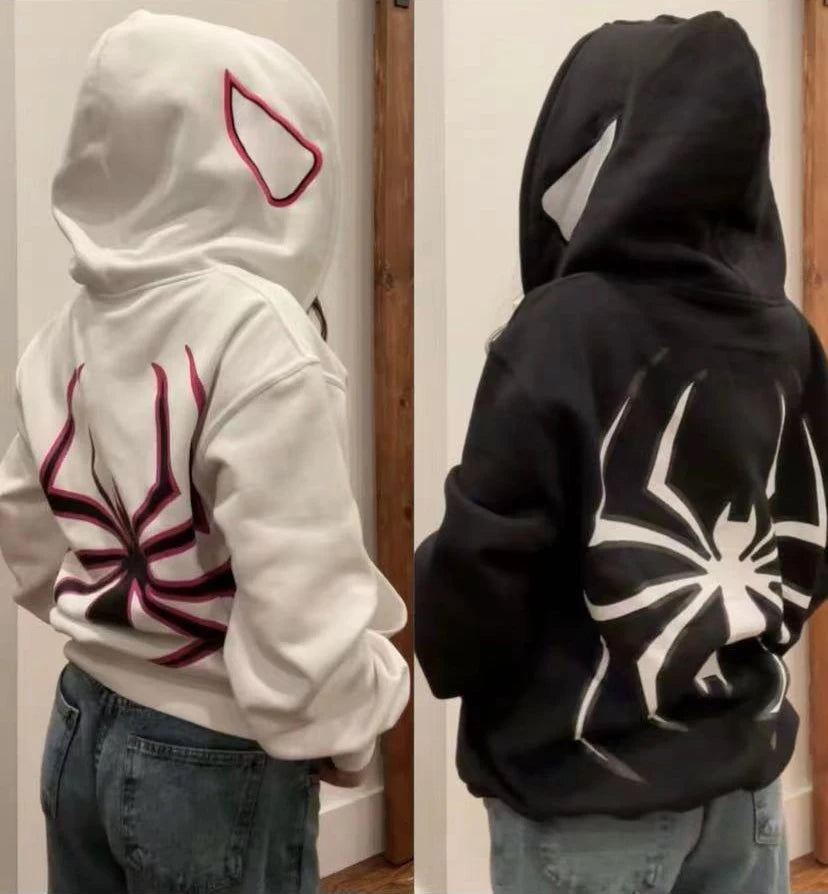 Amiriva women's Y2K spider print zip-up hoodie with loose fit and grunge hip hop design for autumn and winter casual wear