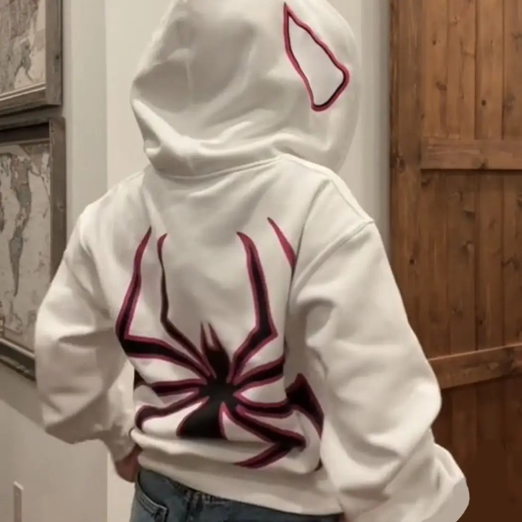 Amiriva women's Y2K spider print zip-up hoodie with loose fit and grunge hip hop design for autumn and winter casual wear