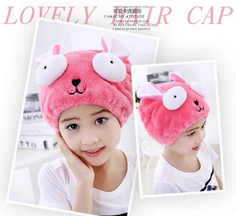 Amiriva Quick-Dry Hair Cap – Cute Cartoon Coral Velvet Towel Wrap for Women and Children