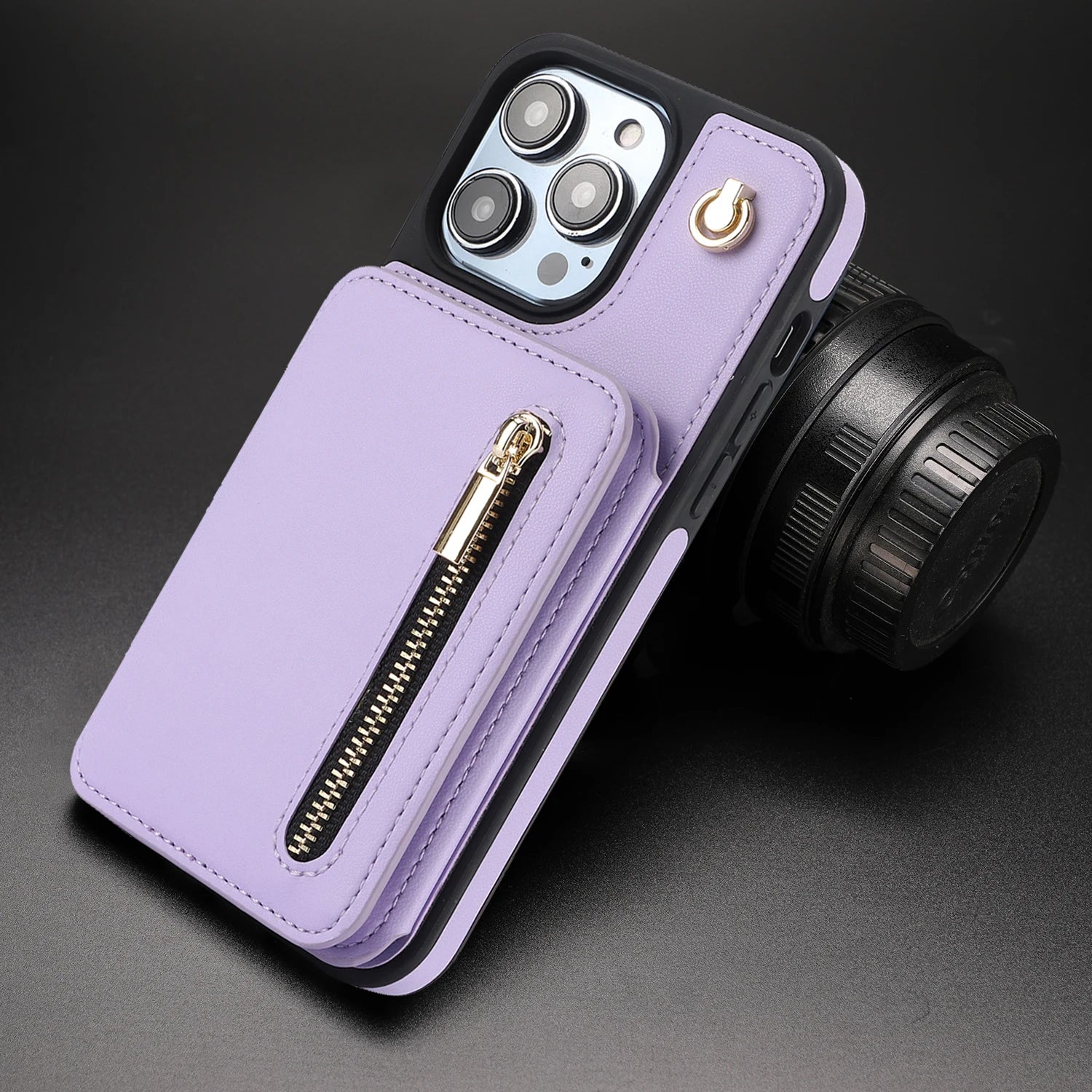 Zipper card compartment in Amiriva leather iPhone wallet case – holds essentials securely