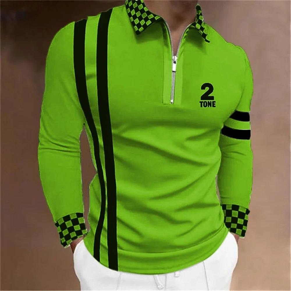 Amiriva Men’s Polo Shirt Golf Shirt with Plaid 3D Print, Long Sleeves, and Zipper Design – Sports Fashion Streetwear
