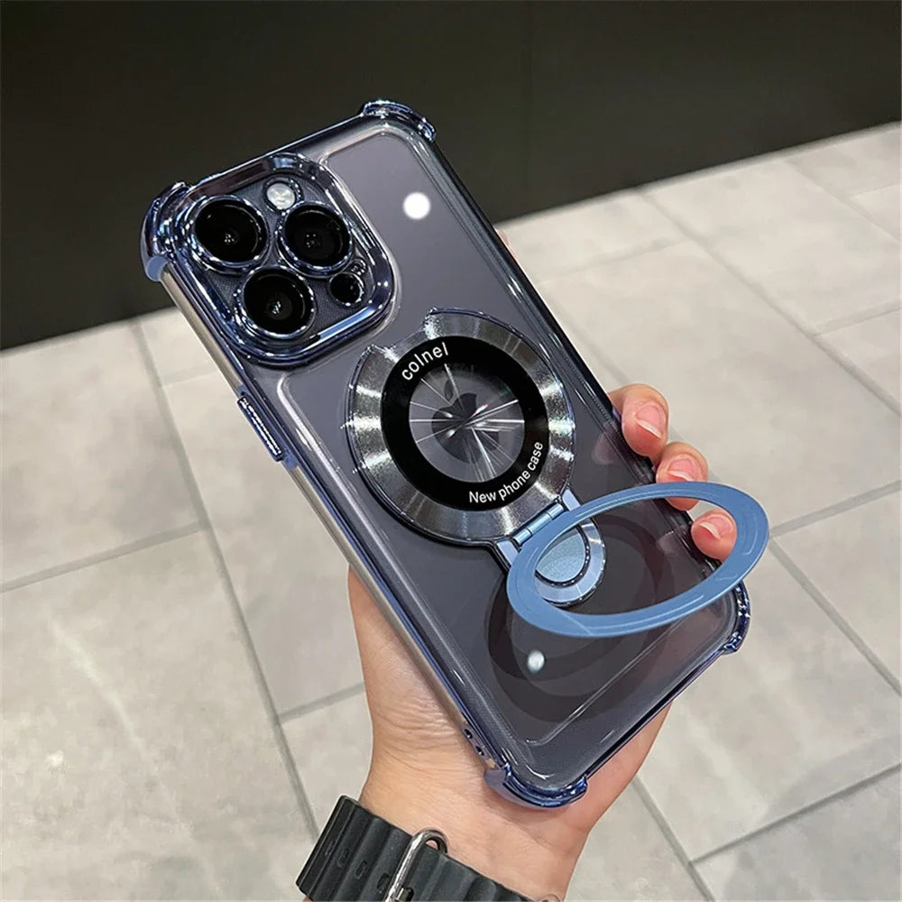 Amiriva clear magnetic iPhone case with luxury plating and built-in metal ring stand for iPhone