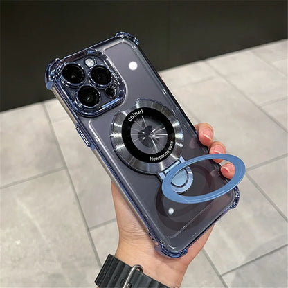 Amiriva clear magnetic iPhone case with luxury plating and built-in metal ring stand for iPhone