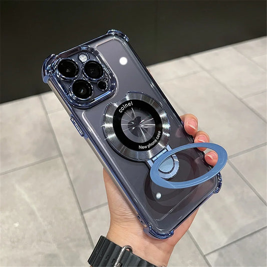 Amiriva clear magnetic iPhone case with luxury plating and built-in metal ring stand for iPhone