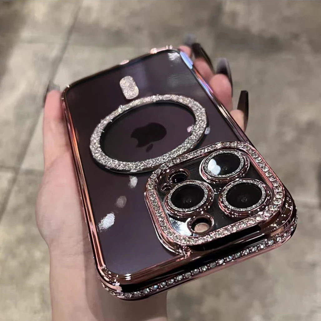 Amiriva Pink Glitter iPhone 16 Case with Rhinestones – MagSafe Compatible, Shockproof, and Stylish for iPhone 16, Pro Max, and Plus