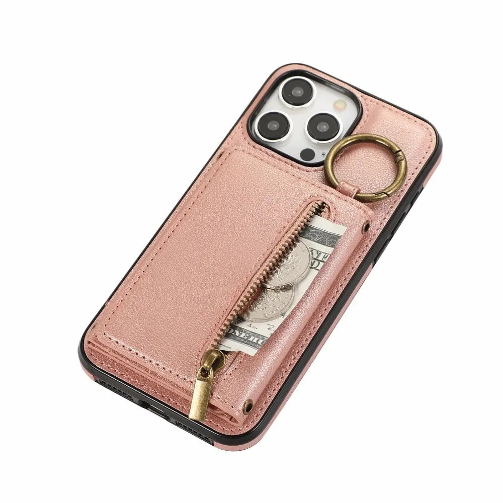 iPhone leather wallet case with built-in stand ring