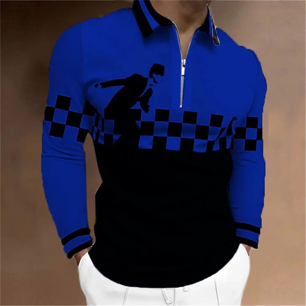 Amiriva Men’s Polo Shirt Golf Shirt with Plaid 3D Print, Long Sleeves, and Zipper Design – Sports Fashion Streetwear
