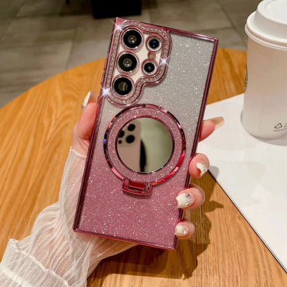 Luxury Glitter Mirror MagSafe Case for Samsung Galaxy S25 S24 S23 Ultra with Diamond Bracket and Fold Stand – Amiriva