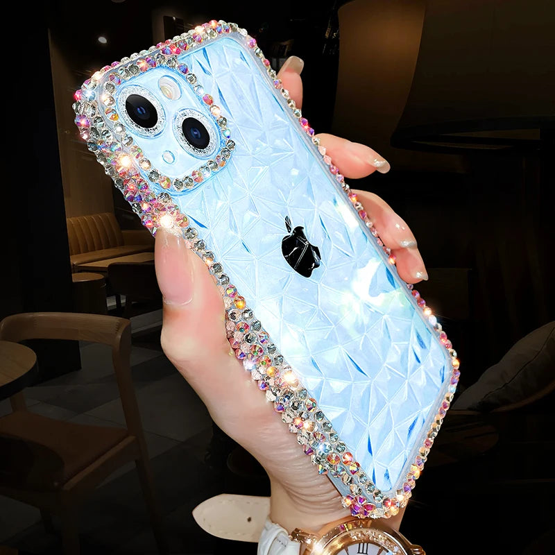 Luxury Diamond Glitter iPhone Case KR1008 – Transparent Water Ripple Bling Shockproof Soft TPU Cover for iPhone 7 to 16 Pro Max and Plus Models