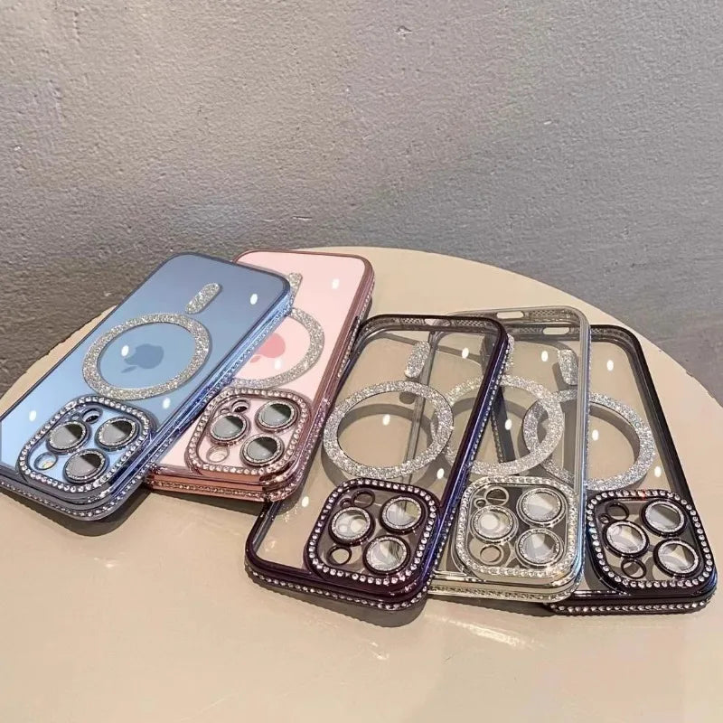 Bling Glitter iPhone 16 Case with Rhinestones – MagSafe Compatible, Shockproof, Pink Glitter Cover for iPhone 16, Pro Max, Plus - (KR1006)