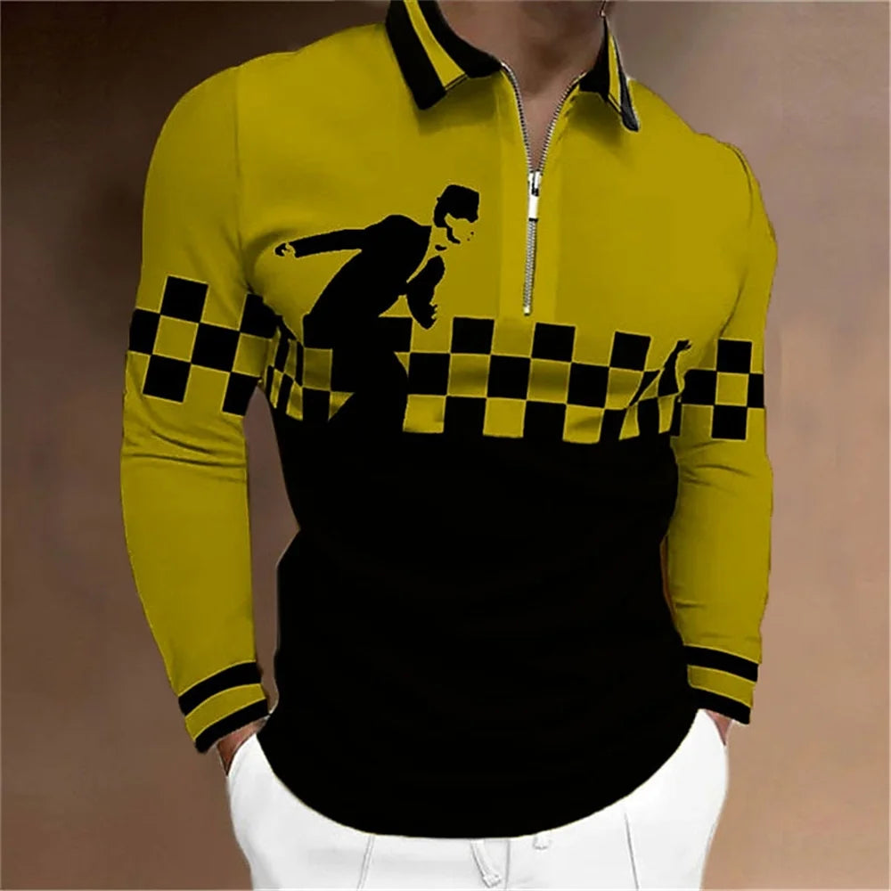 Amiriva Men’s Polo Shirt Golf Shirt with Plaid 3D Print, Long Sleeves, and Zipper Design – Sports Fashion Streetwear
