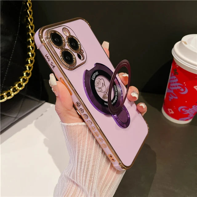 Luxury Plating Flower Frame Magsafe Magnetic Stand Phone Case For iPhone - (SF1009)