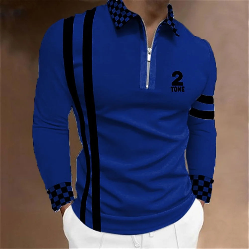 Amiriva Men’s Polo Shirt Golf Shirt with Plaid 3D Print, Long Sleeves, and Zipper Design – Sports Fashion Streetwear