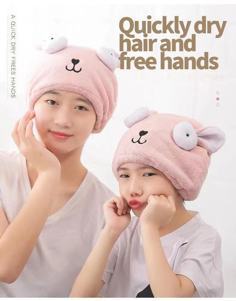 Amiriva Quick-Dry Hair Cap – Cute Cartoon Coral Velvet Towel Wrap for Women and Children