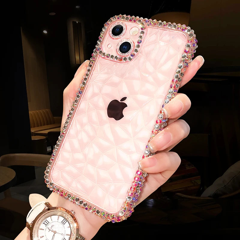 Luxury Diamond Glitter iPhone Case KR1008 – Transparent Water Ripple Bling Shockproof Soft TPU Cover for iPhone 7 to 16 Pro Max and Plus Models