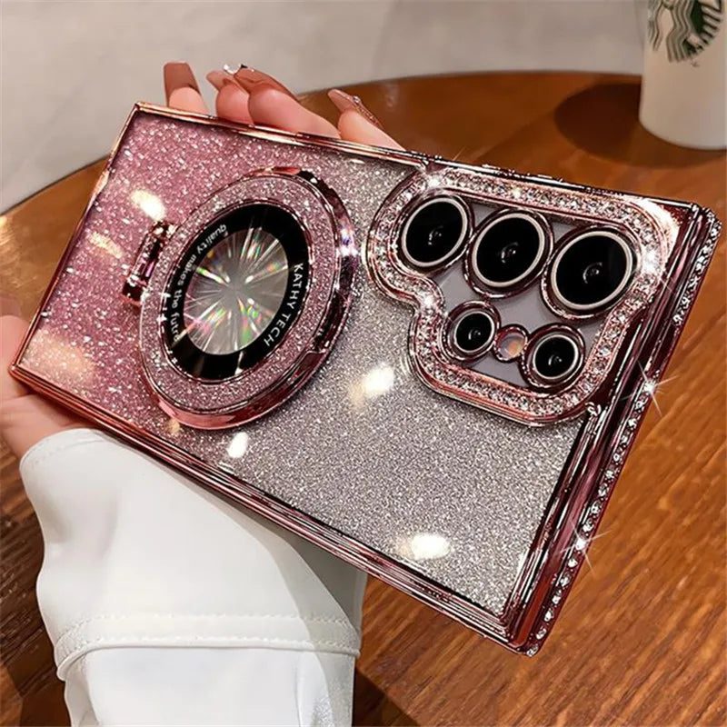 Luxury Bling Glitter Magnetic Stand Case for Samsung Galaxy S24 S23 Ultra with Diamond Frame & Kickstand – Amiriva