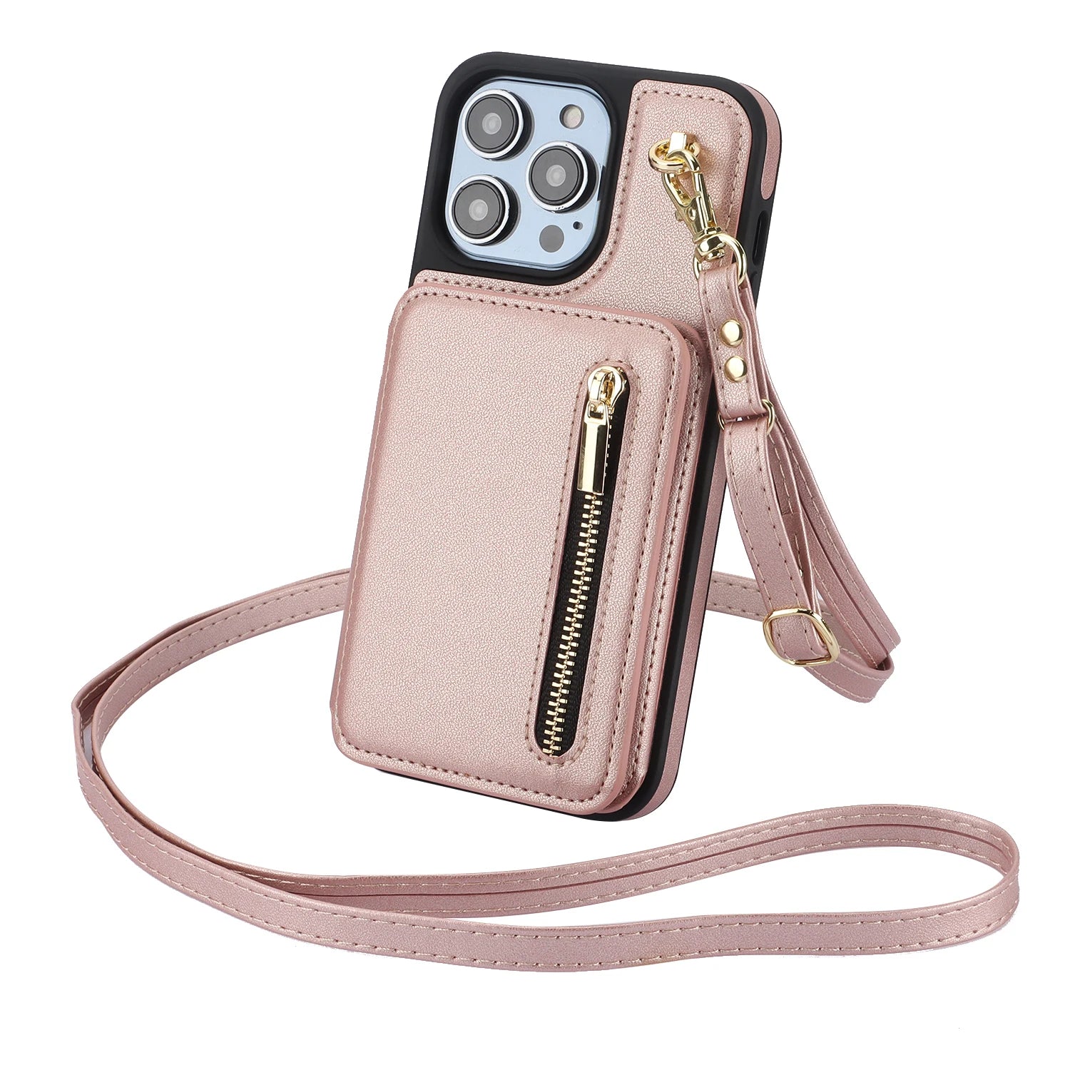 Amiriva RFID zipper wallet iPhone case with crossbody strap and card holder compartment