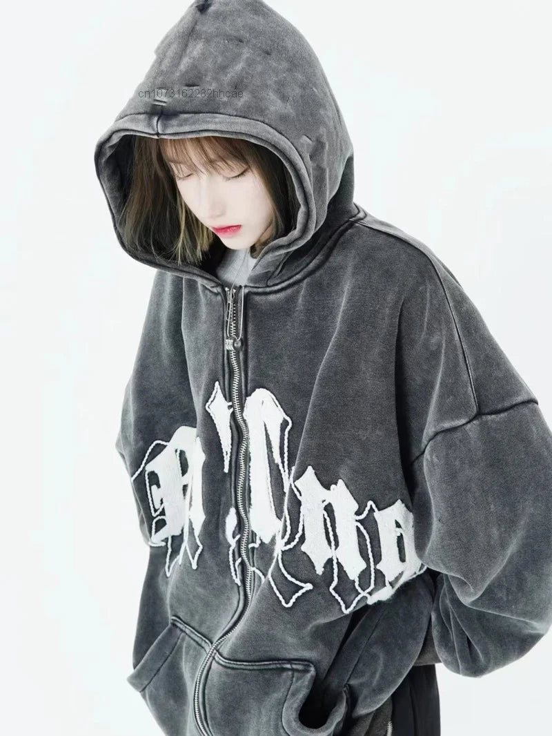 Amiriva oversized hip hop letter plush jacket hoodie with lantern sleeves, trendy Y2K grunge streetwear for men and women